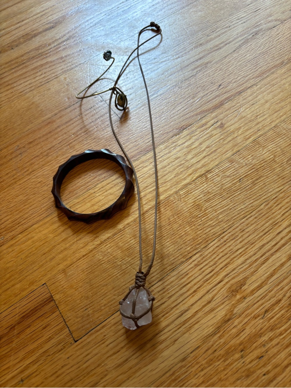Hand-Knotted Rose Quartz Pendant Necklace in Brown Cord and 2 bracelets